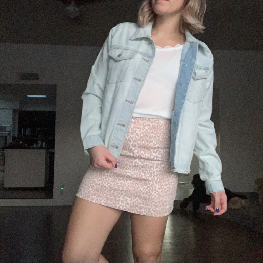 Nude cheetah print denim skirt